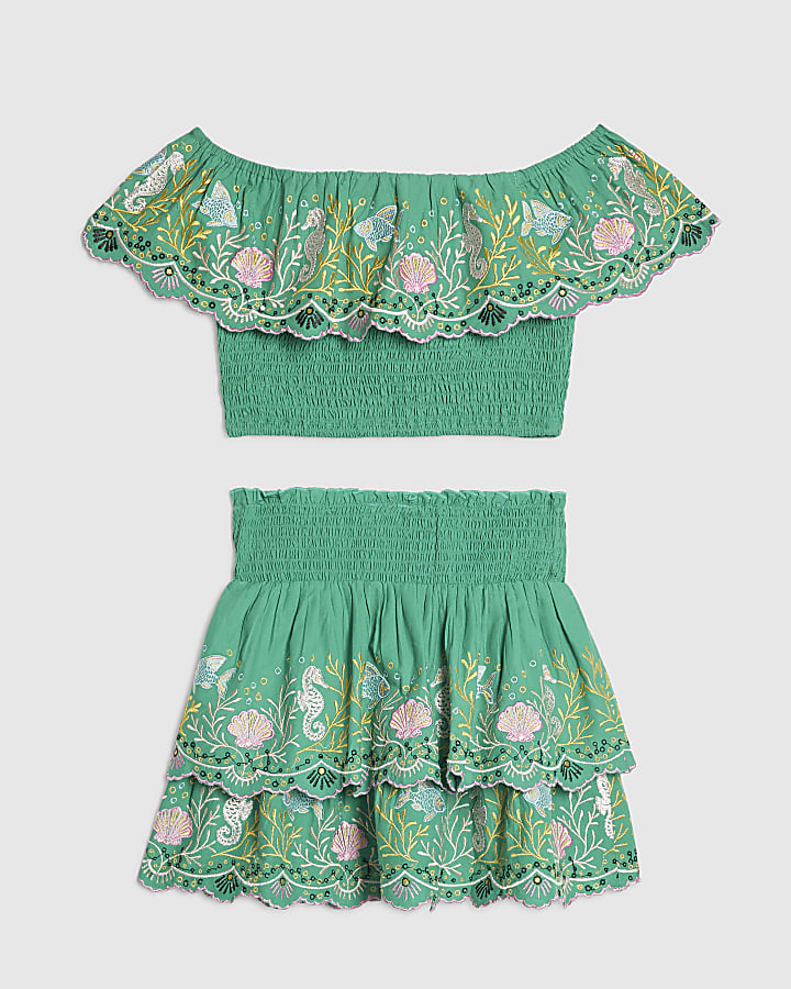 Girls Green Seahorse Beaded Top & Skirt Set