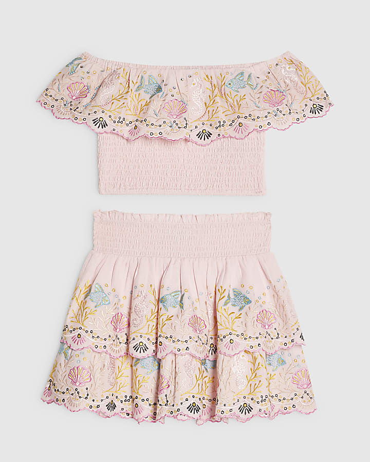 Girls Pink Seahorse Top & Skirt Set