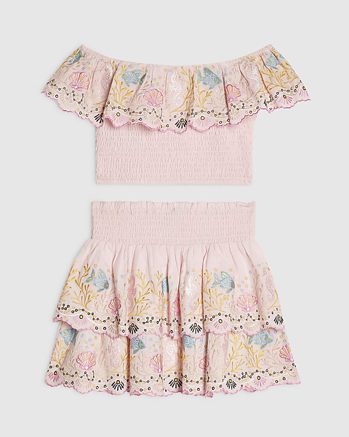 Girls Pink Seahorse Top & Skirt Set