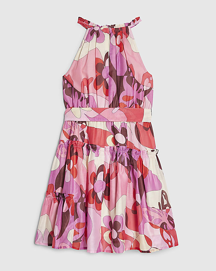 Girls Pink Satin Halter Neck Dress