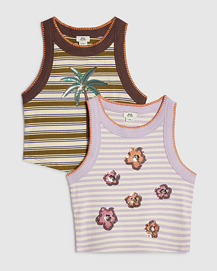Girls Green 2 Pack Stripe Tanks