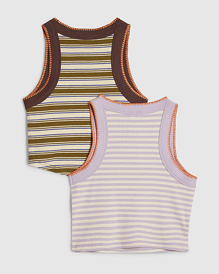 Girls Green 2 Pack Stripe Tanks