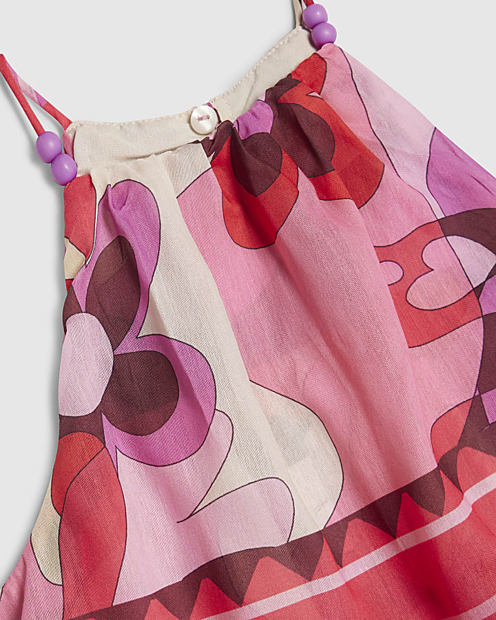 Girls Pink Floral Print Halter Neck Top Set