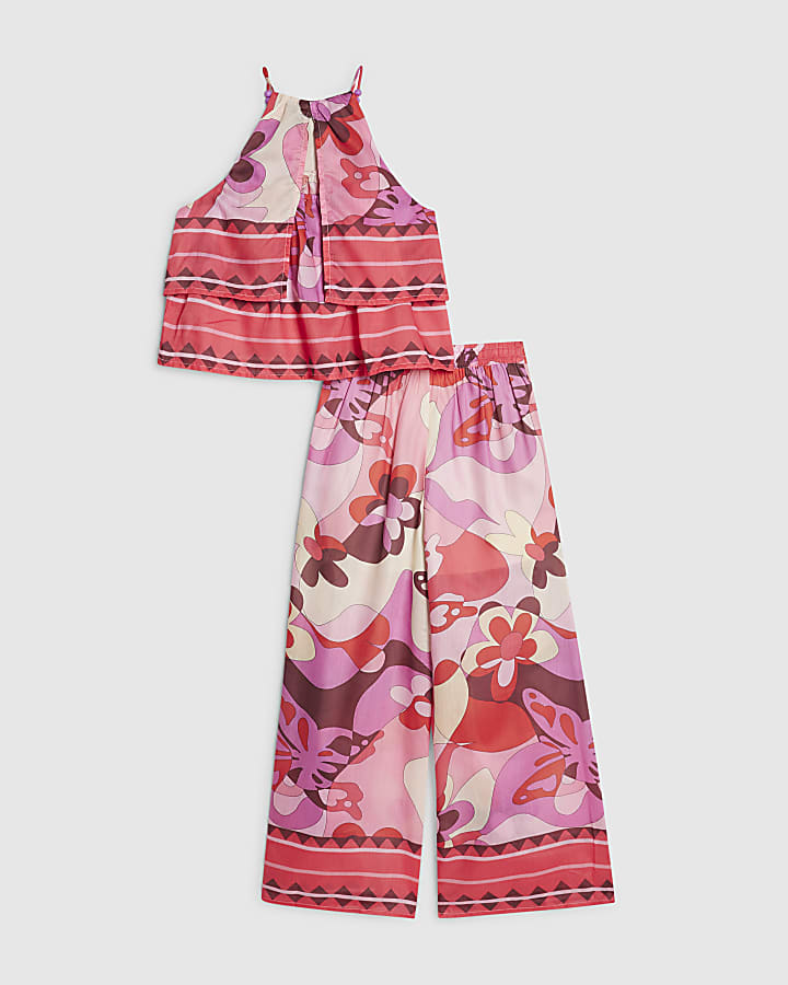 Girls Pink Floral Print Halter Neck Top Set