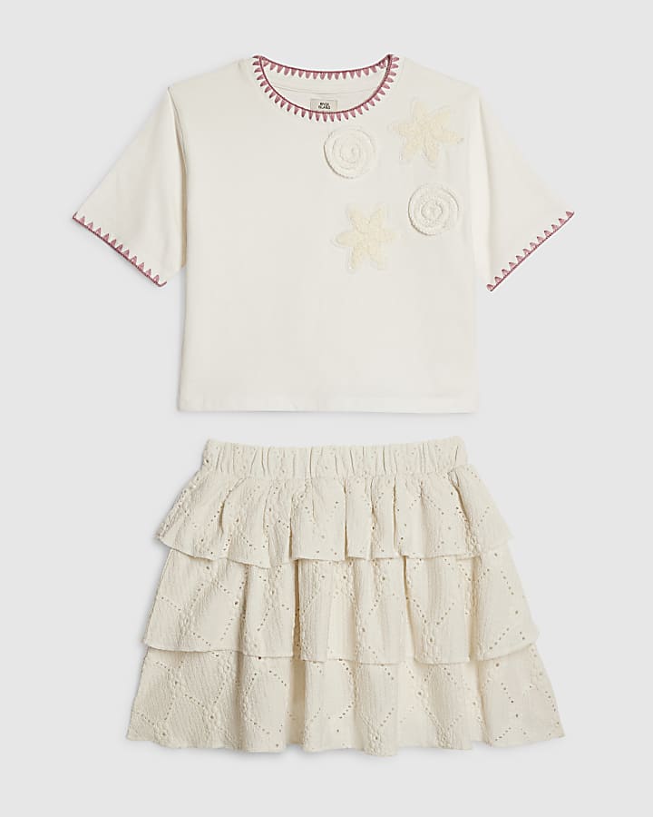 Girls Cream Crochet T-Shirt & Skirt Set