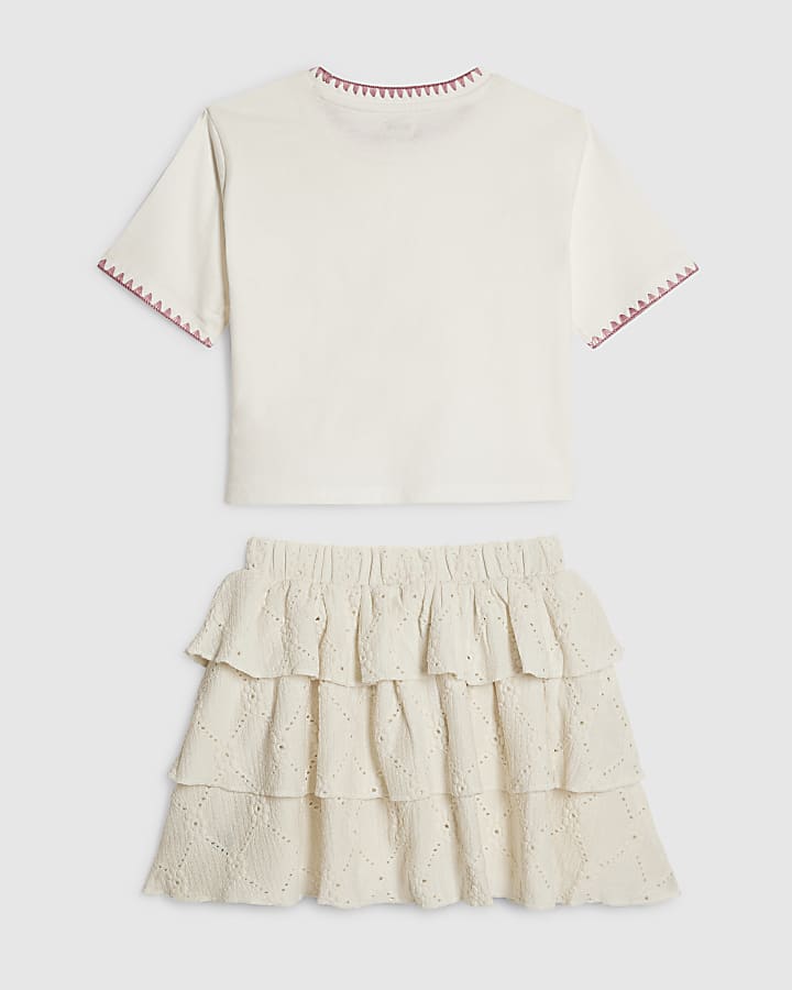 Girls Cream Crochet T-Shirt & Skirt Set