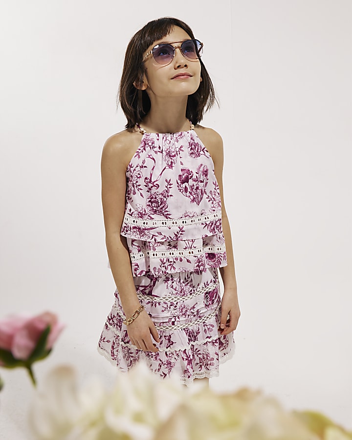 Girls Purple Toile Halter Set