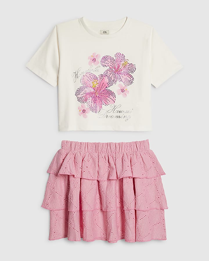 Girls Pink Floral Sequin T-Shirt & Skirt Set