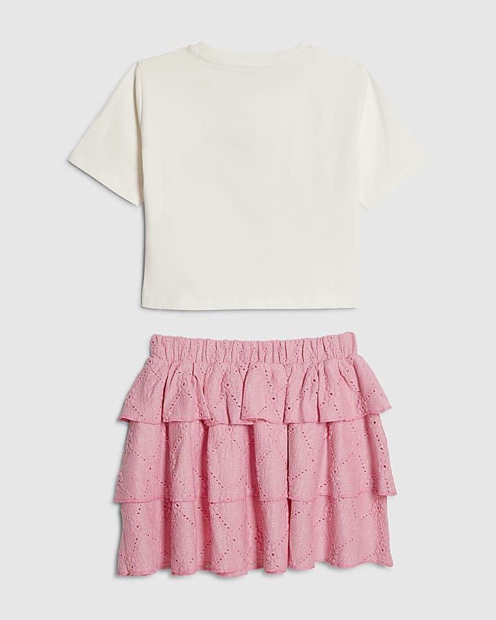 Girls Pink Floral Sequin T-Shirt & Skirt Set