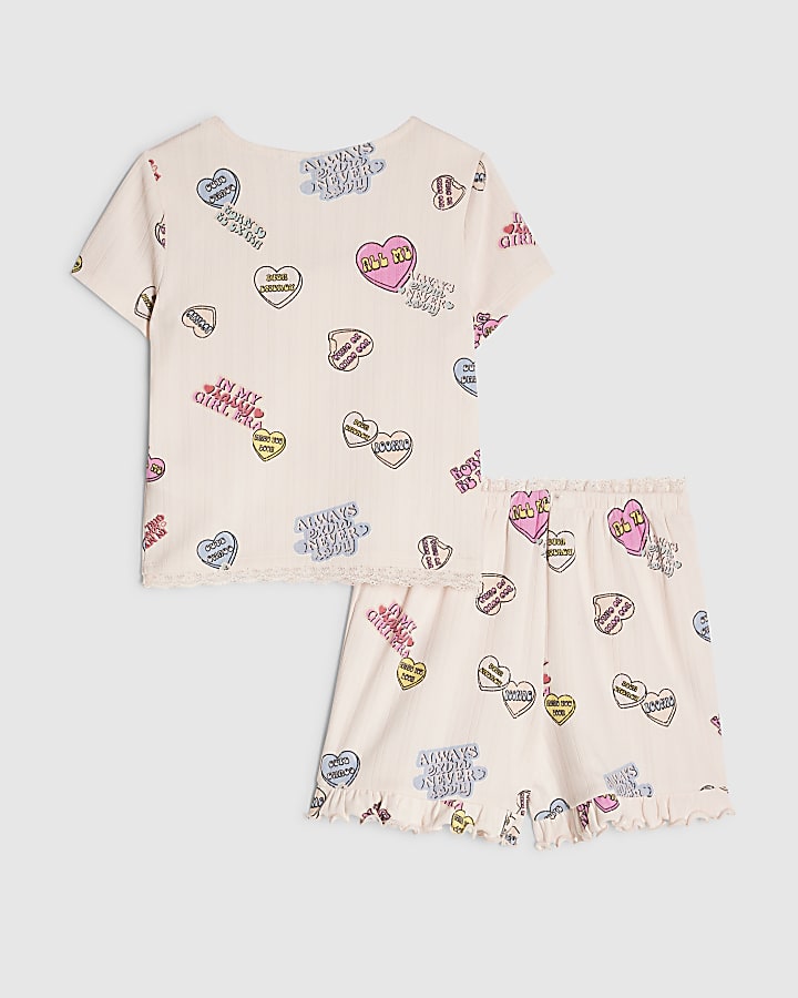 Girls Pink Love Heart Pointelle Pyjamas Set