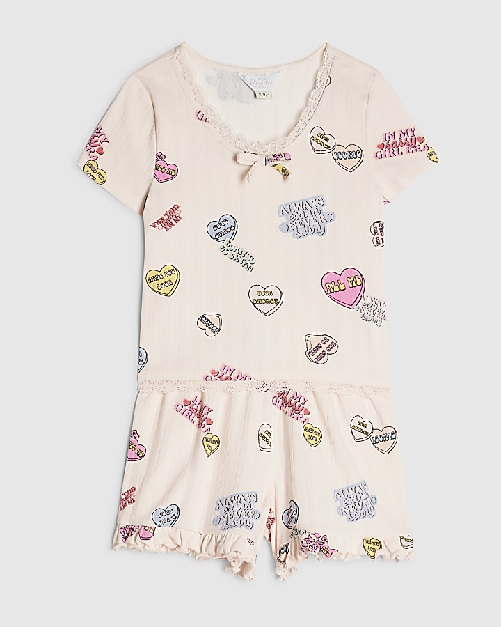 Girls Pink Love Heart Pointelle Pyjamas Set
