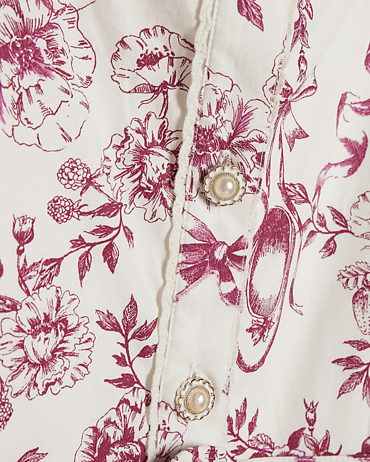 Girls White Floral Printed Dress