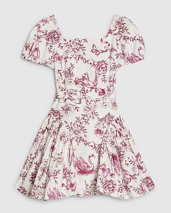 Girls White Floral Printed Dress