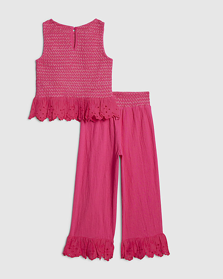 Mini Girls Pink Shirred Trousers Set
