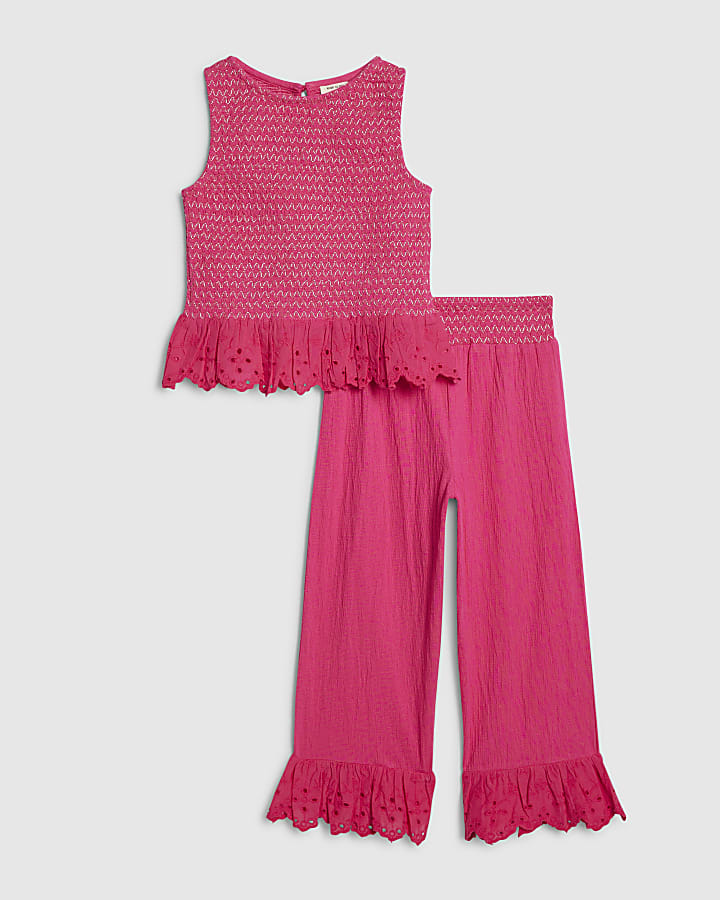 Mini Girls Pink Shirred Trousers Set