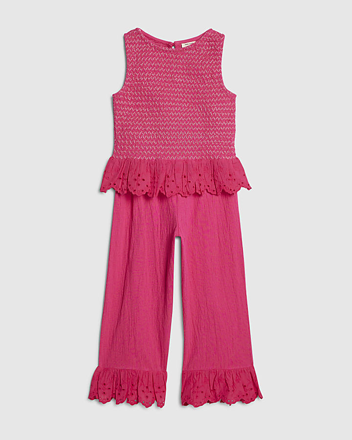 Mini Girls Pink Shirred Trousers Set