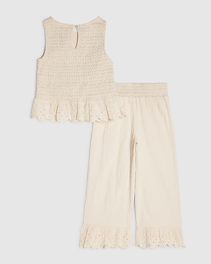 Mini Girls Cream Shirred Trouser Set