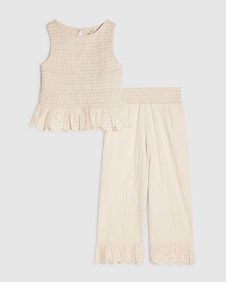 Mini Girls Cream Shirred Trouser Set