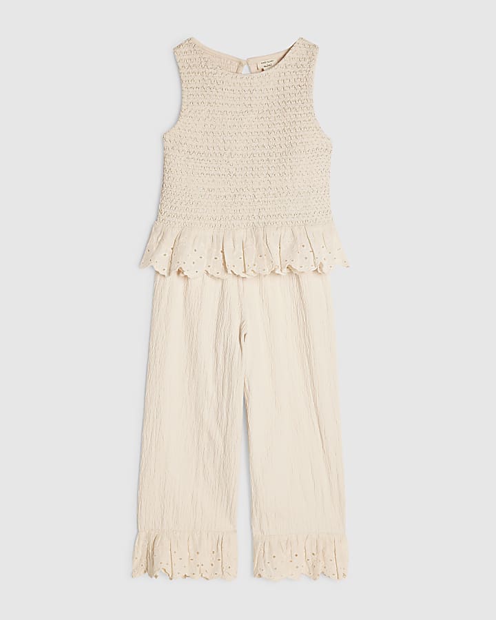 Mini Girls Cream Shirred Trouser Set