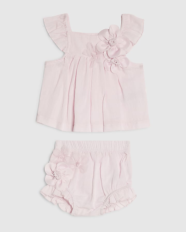 Baby Girls Pink Smock 3D Flower Top Set