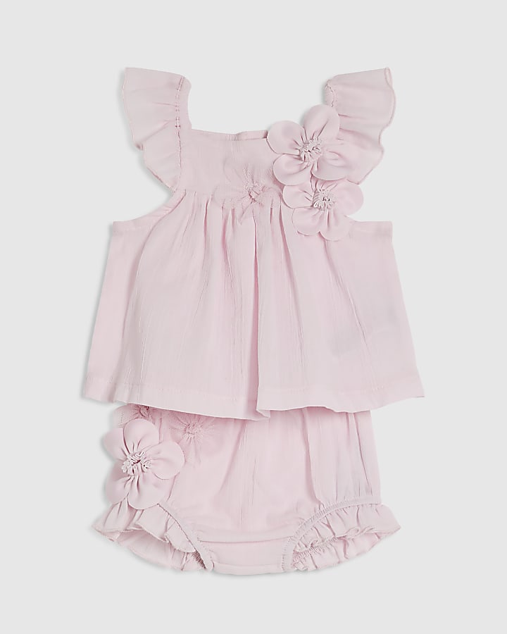 Baby Girls Pink Smock 3D Flower Top Set