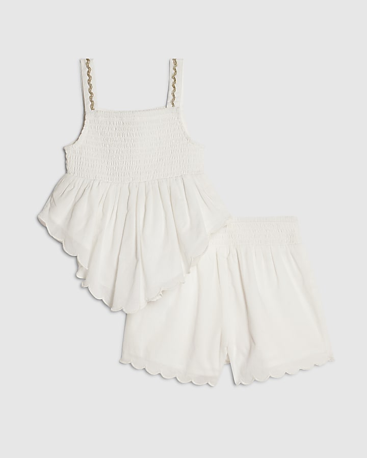 Mini Girls White Embellished Top & Short Set