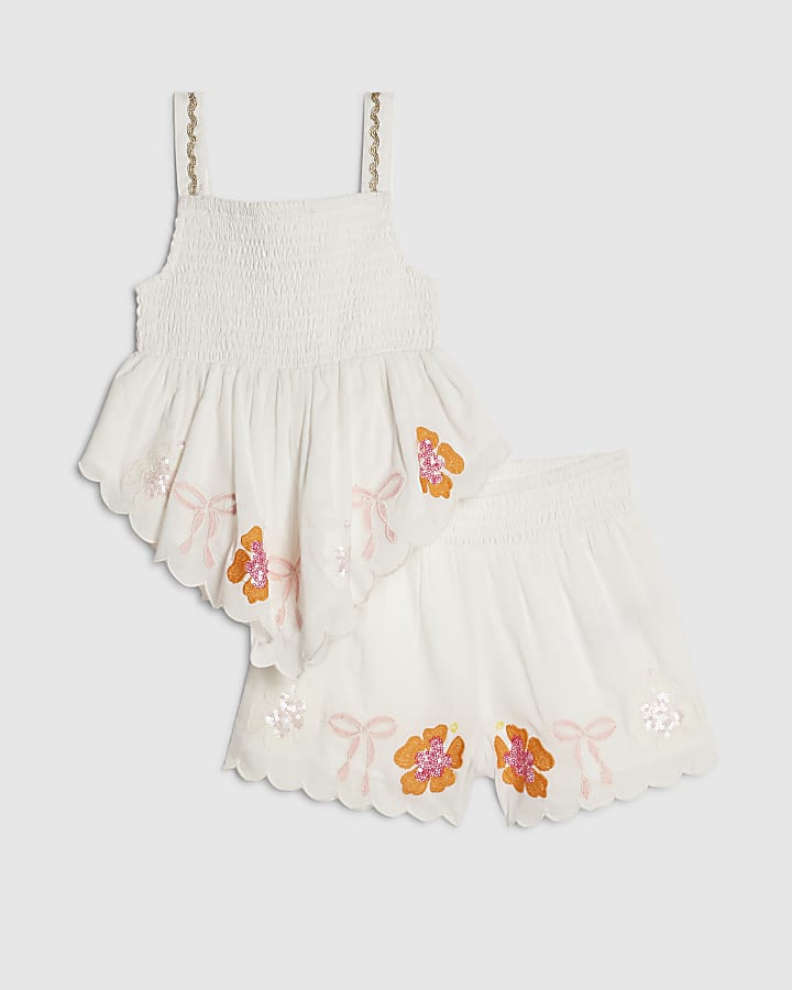 Mini Girls White Embellished Top & Short Set