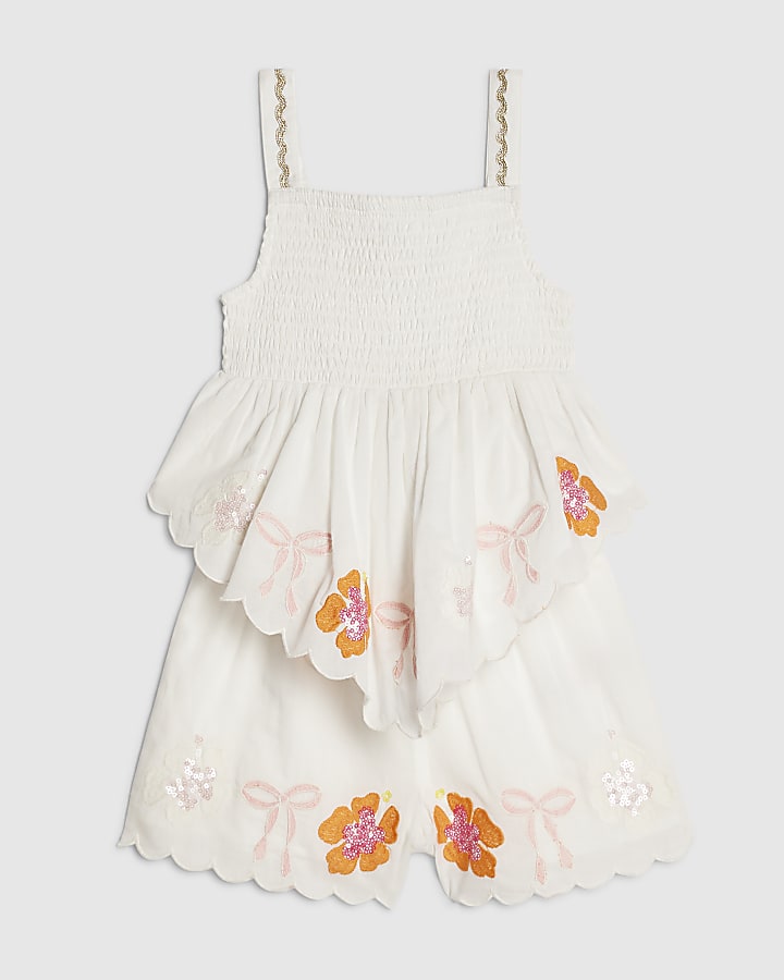 Mini Girls White Embellished Top & Short Set