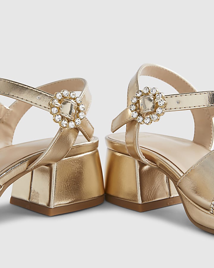 Girls Gold Diamante Bow Strappy Heels