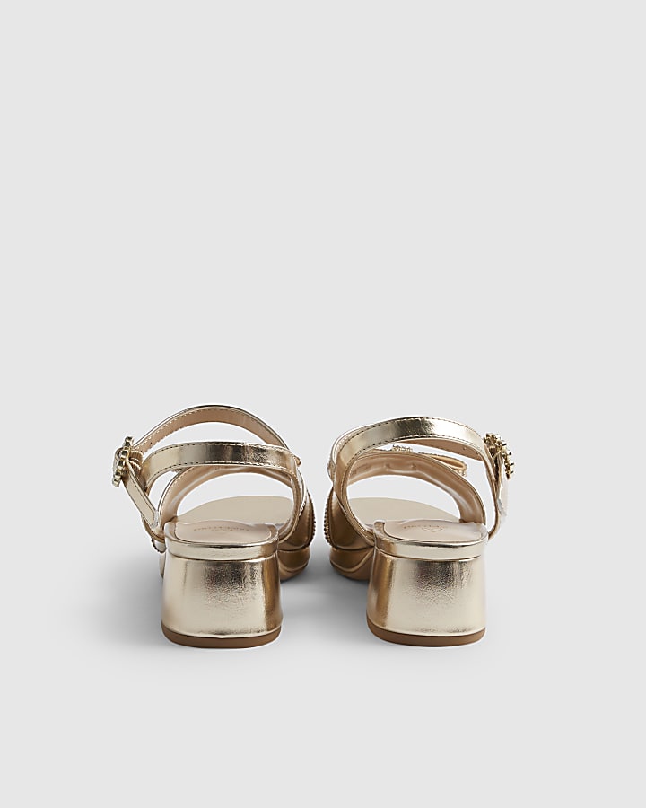 Girls Gold Diamante Bow Strappy Heels