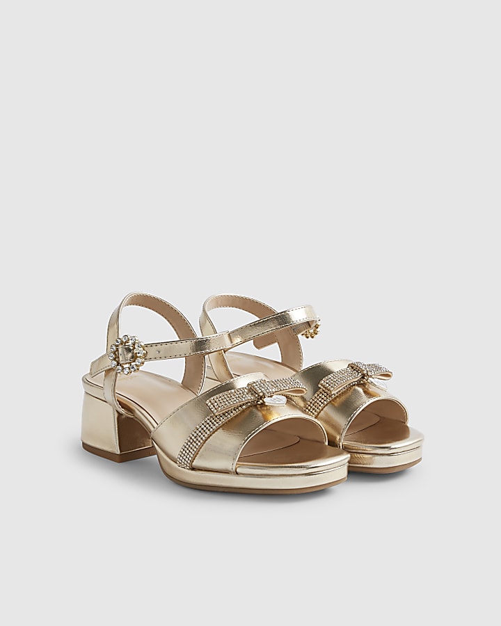 Girls Gold Diamante Bow Strappy Heels
