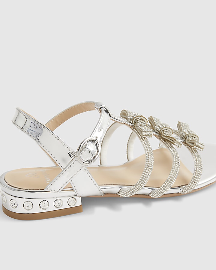Girls Silver Diamante Heel Flat Sandals