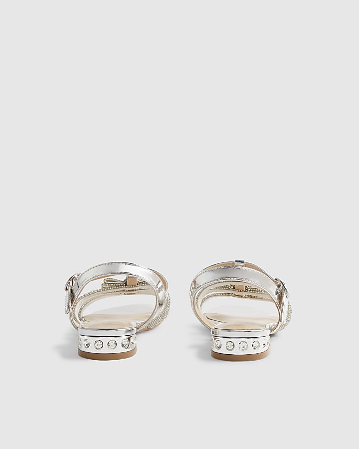 Girls Silver Diamante Heel Flat Sandals