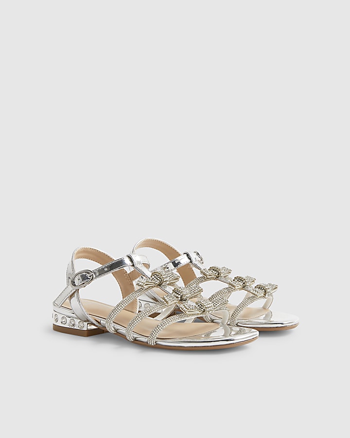 Girls Silver Diamante Heel Flat Sandals