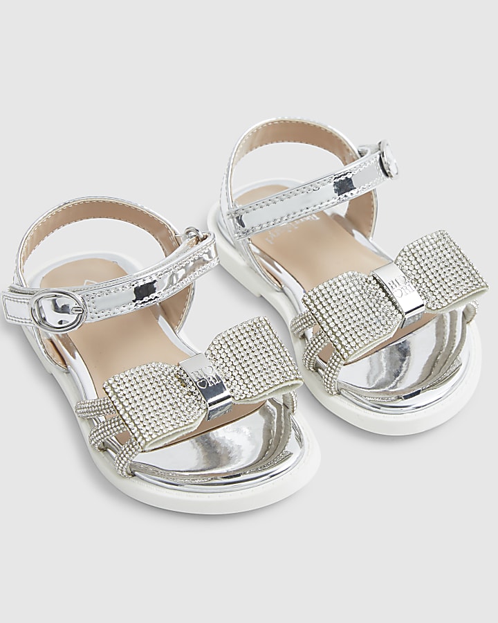 Mini Girls Silver Diamante Bow Sandals