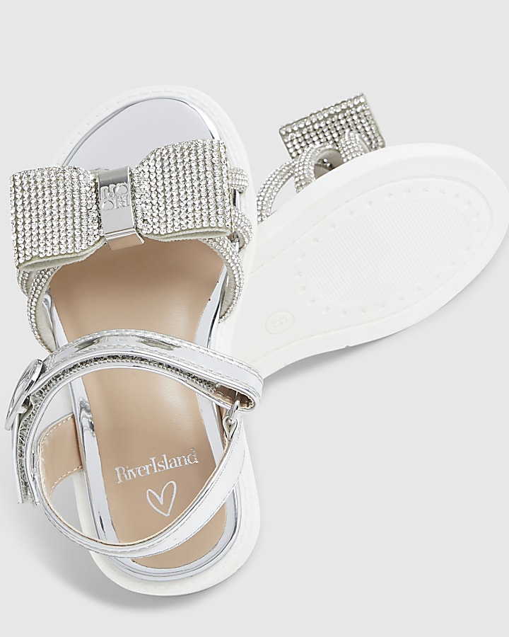 Mini Girls Silver Diamante Bow Sandals