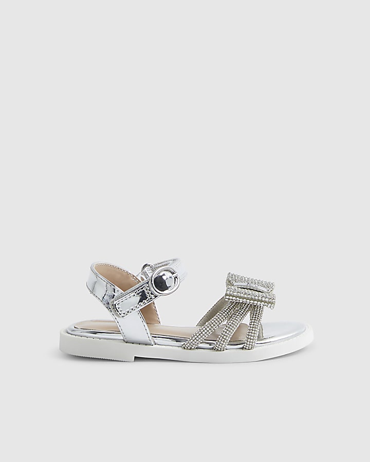 Mini Girls Silver Diamante Bow Sandals