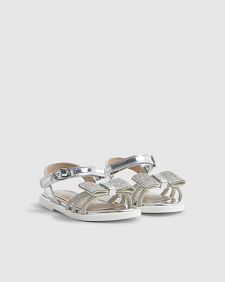 Mini Girls Silver Diamante Bow Sandals