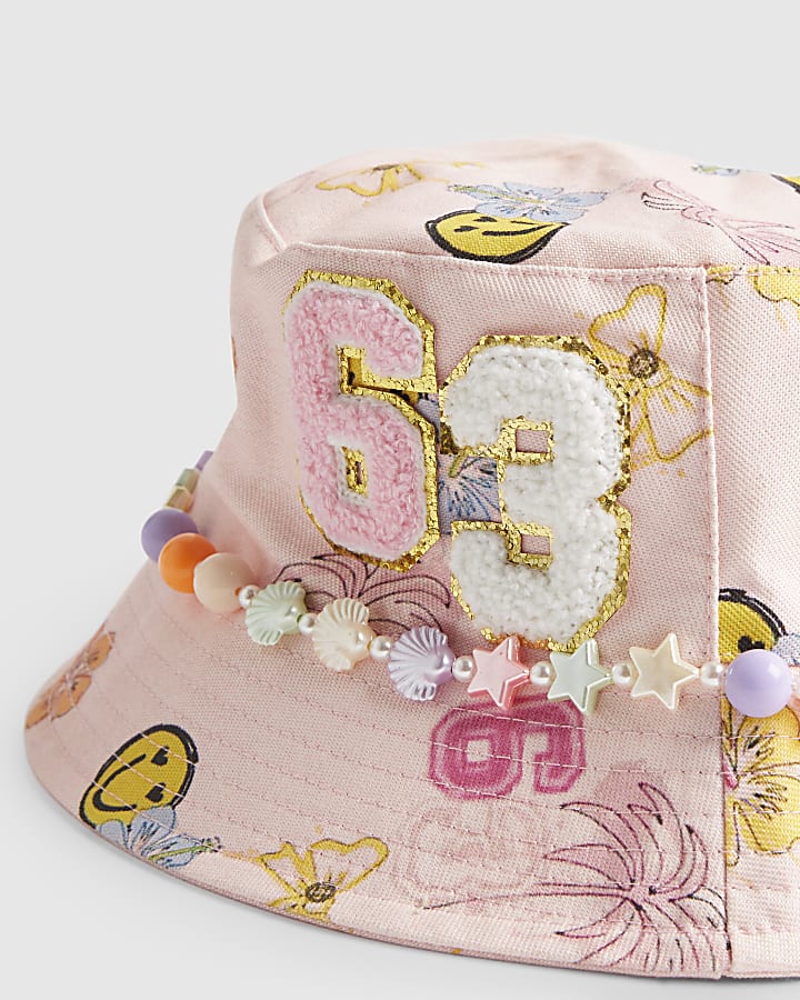 Girls Pink Graffiti Beaded Bucket Hat