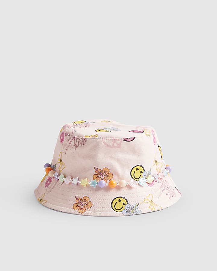 Girls Pink Graffiti Beaded Bucket Hat