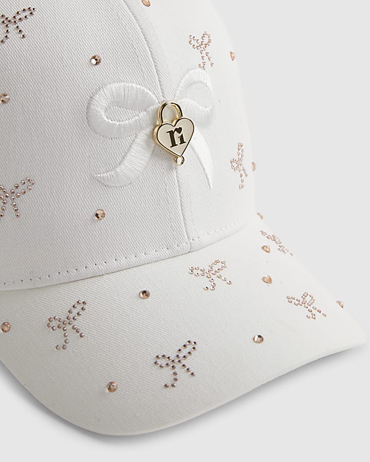 Girls Cream Diamante Bow Cap