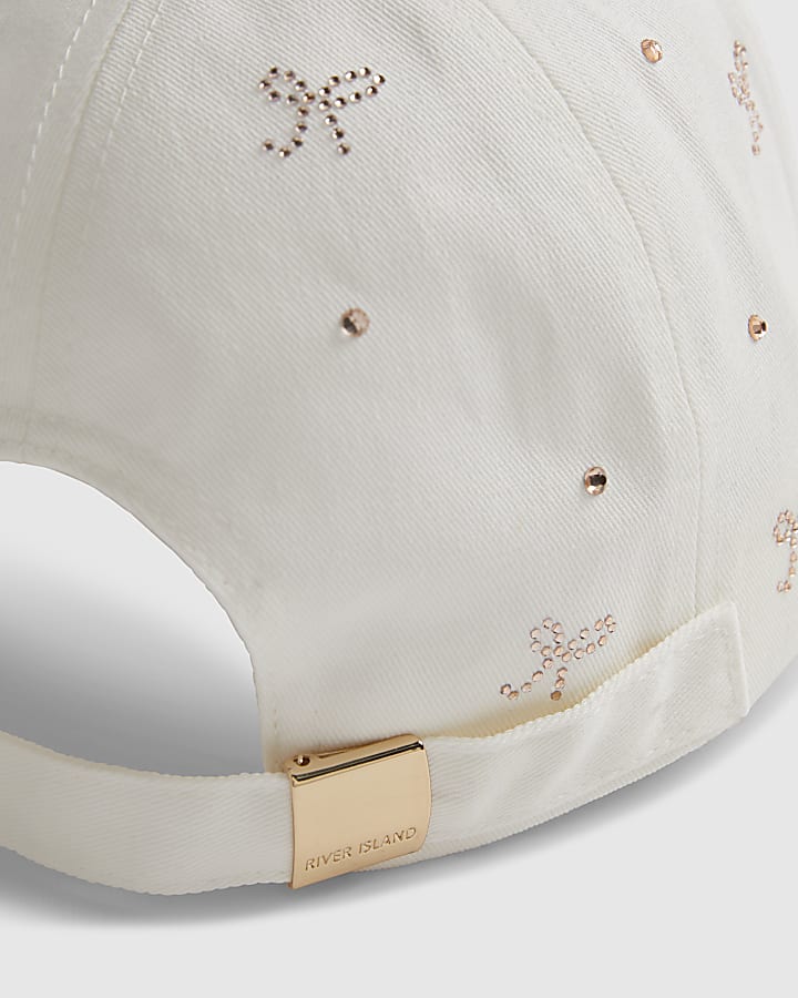 Girls Cream Diamante Bow Cap