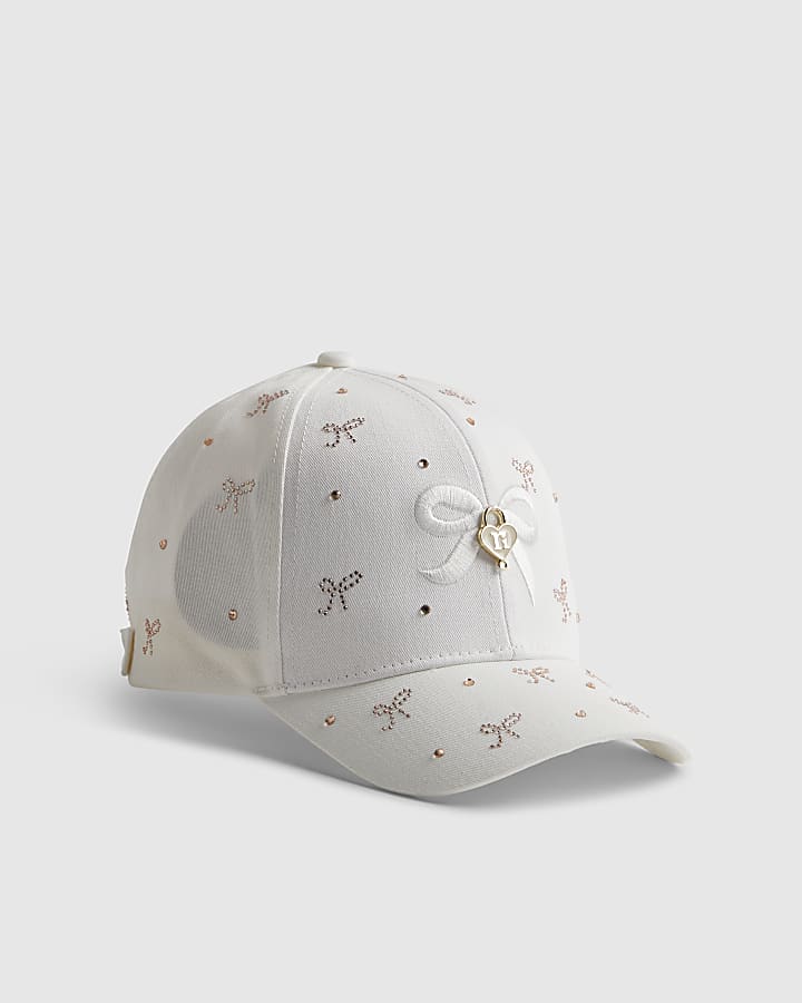 Girls Cream Diamante Bow Cap