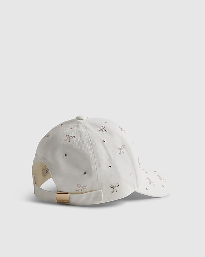 Girls Cream Diamante Bow Cap