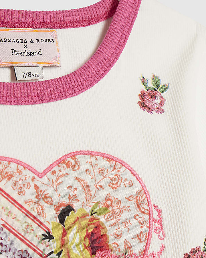 Girls White Rib Heart T-Shirt