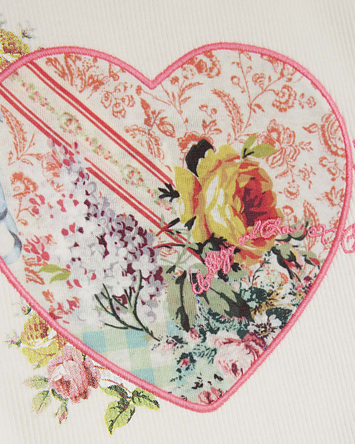 Girls White Rib Floral Heart T-Shirt