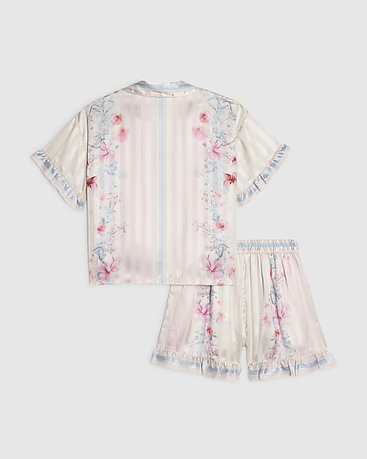 Girls Pink Floral Border Satin Pyjamas Set