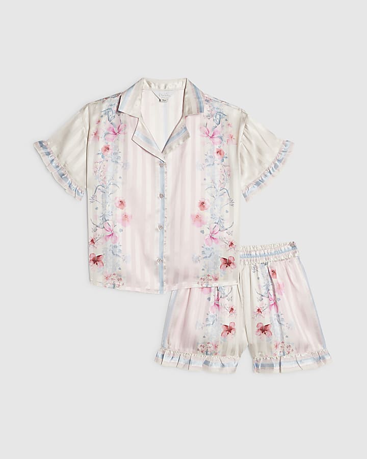Girls Pink Floral Border Satin Pyjamas Set
