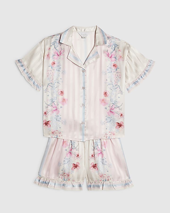 Girls Pink Floral Border Satin Pyjamas Set