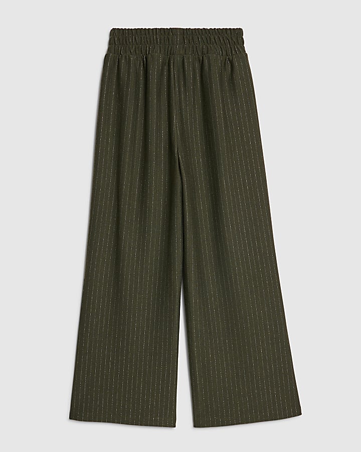 Girls Khaki Pinstripe Wide Leg Trousers